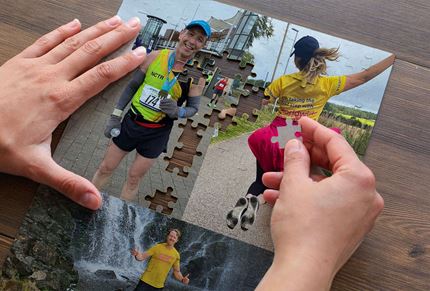 A puzzle with pieces missing made up of photos of Worldwide Cancer Research runners