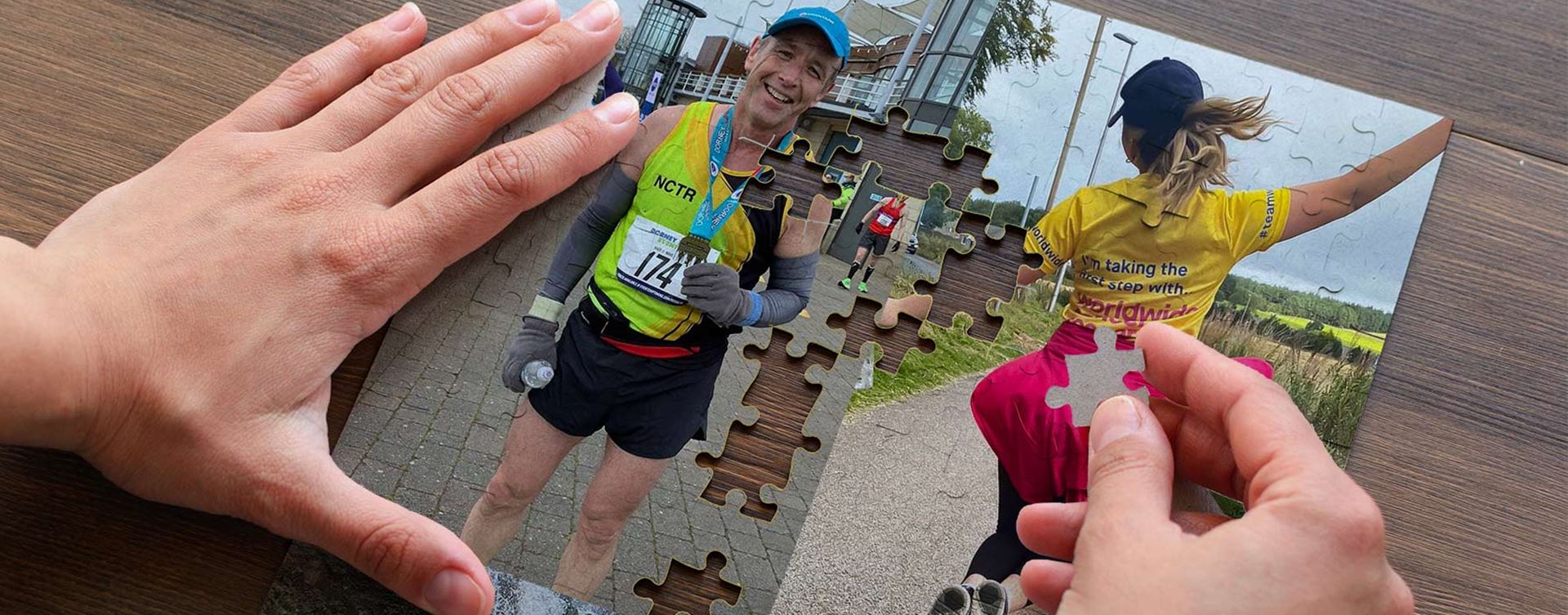 A puzzle with pieces missing made up of photos of Worldwide Cancer Research runners